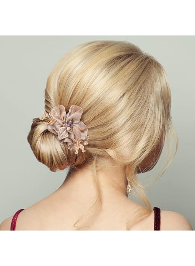 2PCS Mesh Flower Elastic Hair Ties, Leaf Embroidery Acrylic Rhinestone Hair Band, Champagne Ponytail Holders, Elegant Hair Scrunchies, Hair Accessories for Women, Girls, for Daily Use, Party - Image 5