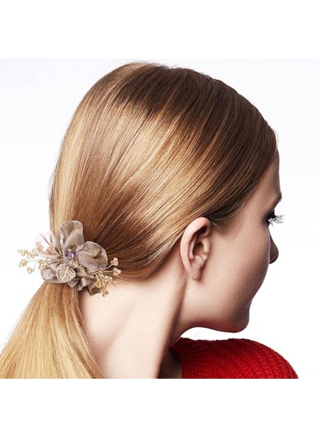 2PCS Mesh Flower Elastic Hair Ties, Leaf Embroidery Acrylic Rhinestone Hair Band, Champagne Ponytail Holders, Elegant Hair Scrunchies, Hair Accessories for Women, Girls, for Daily Use, Party - Image 4
