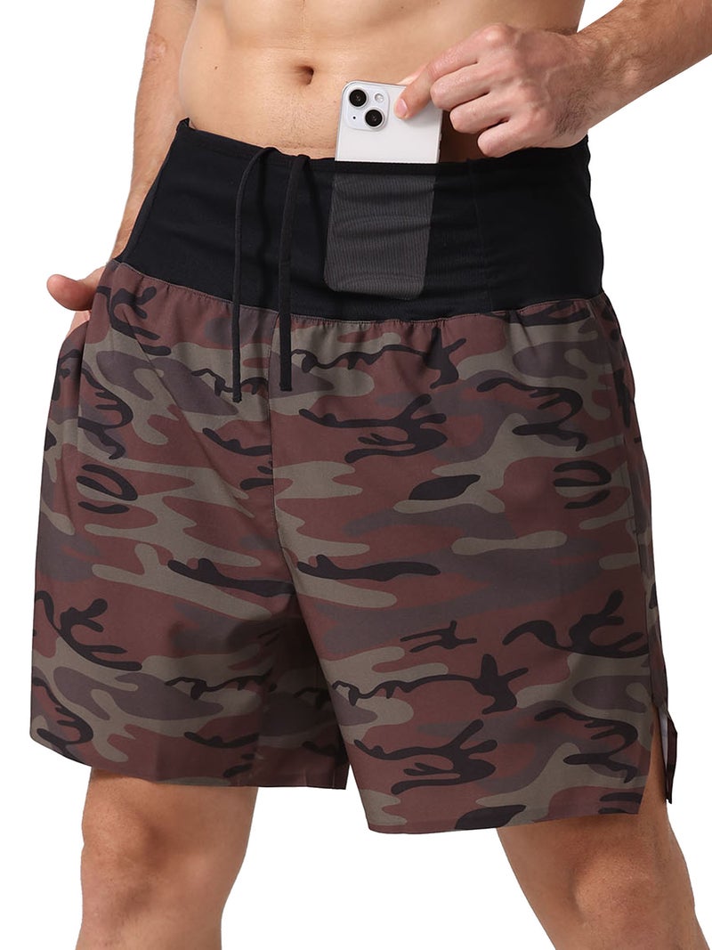 Camo Jogging Shorts: Small Brown Quick-drying Fabric - Wide Elastic Waistband With Drawstring Workout Shorts for Running Fitness Basketball Cycling Boxing - Image 1