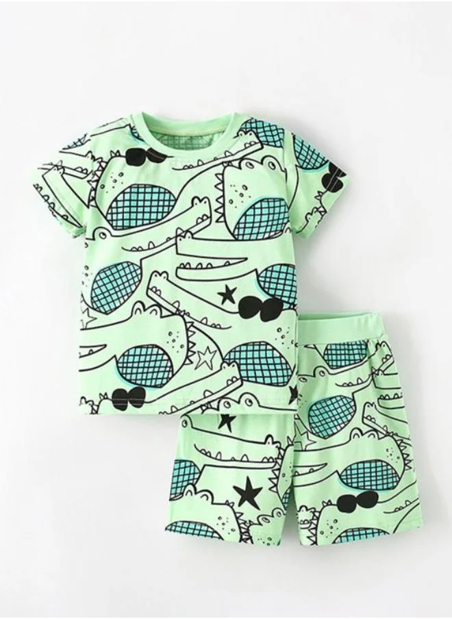 YUNIQEE Green Crew Neck Short Sleeve Printed Tshirt & Shorts