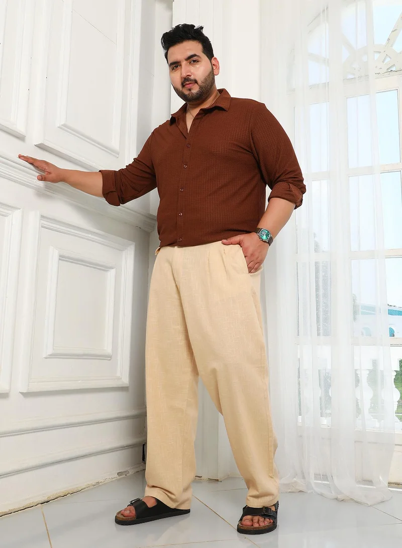 Instafab Plus Instafab Plus Men's Ecru Beige Pleated Extended-Button Trousers For Casual Wear | Mid-Rise | Straight Fit | Button Closure | Plus Size Trousers Crafted With Comfort Fit For Everyday Wear