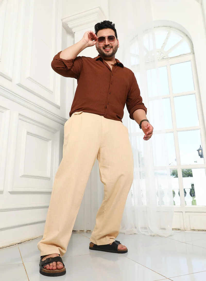 Instafab Plus Instafab Plus Men's Ecru Beige Pleated Extended-Button Trousers For Casual Wear | Mid-Rise | Straight Fit | Button Closure | Plus Size Trousers Crafted With Comfort Fit For Everyday Wear