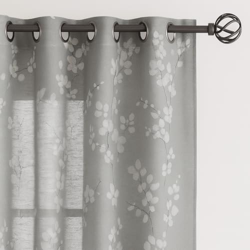 BFAM Sheer Curtain with Floral Print, Premium Printed Sheer Drapes, Eyelet/Grommet Curtain for Living Room, Bedroom, Light Filtering Curtains, Grey Floral 8 Feet,Pack of 1 Curtain - Image 2