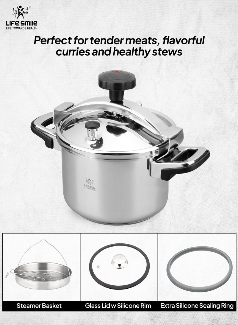 Life Smile 8Liters Life Smile 18/10 Stainless Steel Pressure Cooker with Steamer Basket & Glass Lid-Induction Base | Safe Locking Lid System silver - Image 3