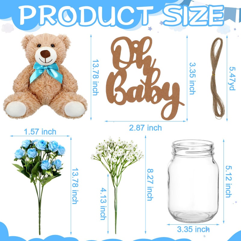 Sliner 33 Pcs Bear Centerpieces for Baby Shower Decorations Baby Shower Table Centerpieces with Bears Mason Jars Roses Bouquet Tags Burlap Rope for Gender Reveal Birthday Party Decoration(Blue) - Image 3