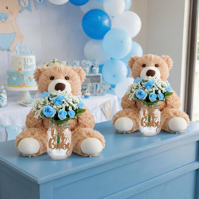 Sliner 33 Pcs Bear Centerpieces for Baby Shower Decorations Baby Shower Table Centerpieces with Bears Mason Jars Roses Bouquet Tags Burlap Rope for Gender Reveal Birthday Party Decoration(Blue) - Image 2