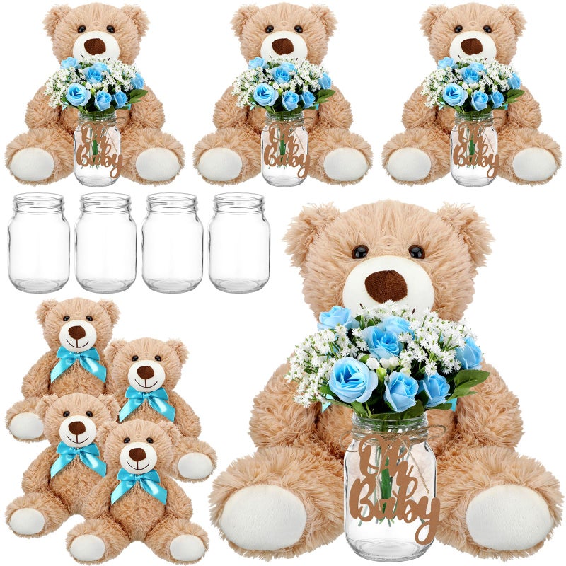 Sliner 33 Pcs Bear Centerpieces for Baby Shower Decorations Baby Shower Table Centerpieces with Bears Mason Jars Roses Bouquet Tags Burlap Rope for Gender Reveal Birthday Party Decoration(Blue) - Image 1