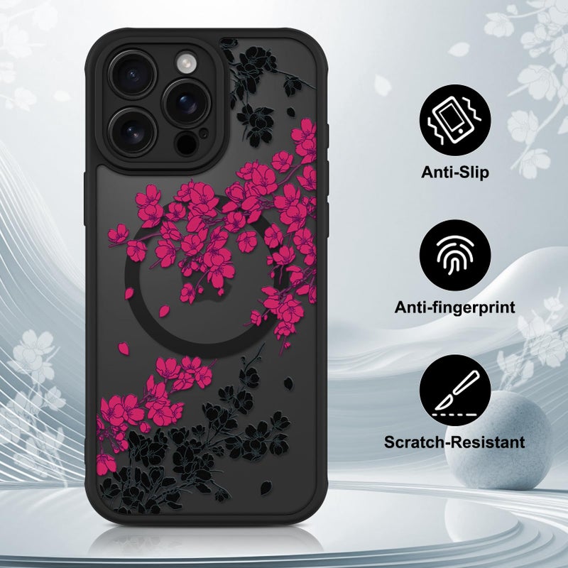 OOK Case for iPhone 15 Pro Max 6.7 Inch (Compatible with MagSafe) Floral Flowers Design Translucent Phone Cover Soft TPU + Hard PC Anti-Scratch Shockproof Magnetic Cute Case for Women - Hot Pink - Image 5