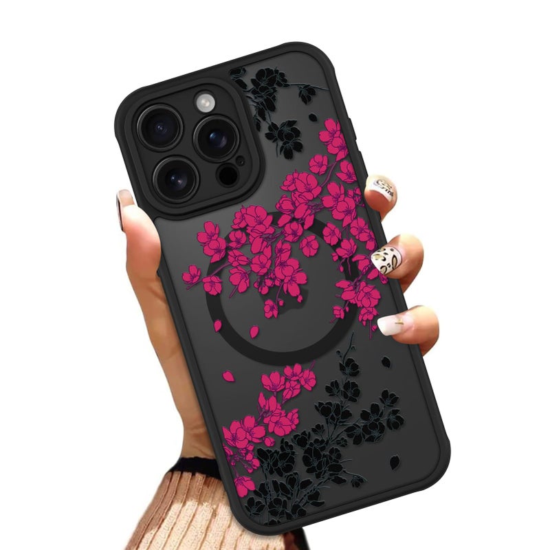 OOK Case for iPhone 15 Pro Max 6.7 Inch (Compatible with MagSafe) Floral Flowers Design Translucent Phone Cover Soft TPU + Hard PC Anti-Scratch Shockproof Magnetic Cute Case for Women - Hot Pink - Image 1