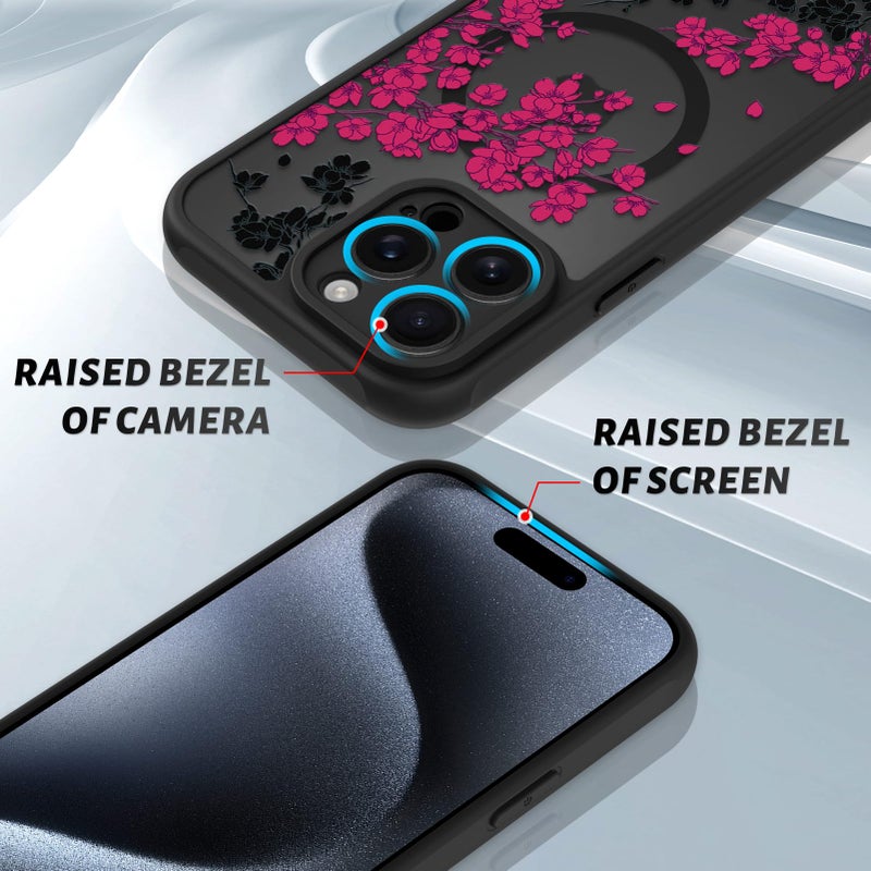 OOK Case for iPhone 15 Pro Max 6.7 Inch (Compatible with MagSafe) Floral Flowers Design Translucent Phone Cover Soft TPU + Hard PC Anti-Scratch Shockproof Magnetic Cute Case for Women - Hot Pink - Image 3