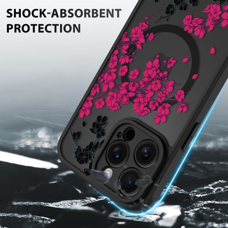 OOK Case for iPhone 15 Pro Max 6.7 Inch (Compatible with MagSafe) Floral Flowers Design Translucent Phone Cover Soft TPU + Hard PC Anti-Scratch Shockproof Magnetic Cute Case for Women - Hot Pink - Image 4
