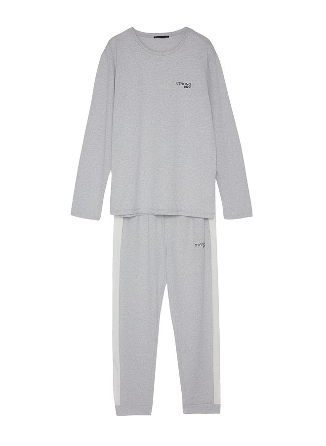 trendyol - Men's Gray Embroidery Detailed Knitted Pajamas Set - Image 1