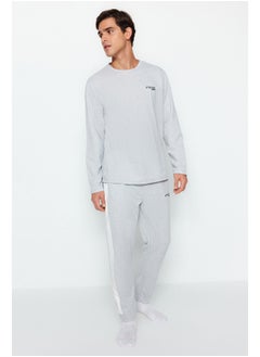Men's Gray Embroidery Detailed Knitted Pajamas Set