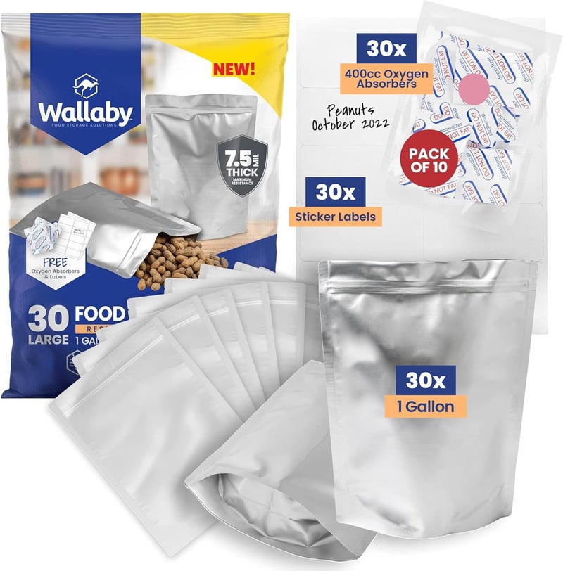 Wallaby 30х 1 Gallon Mylar Bag 7.5 mil for Food Storage with 400cc Oxygen Absorbers & Labels - 10"x14" Stand-Up Heat Seal Bulk Resealable Gusset Ziplock Foil Bags for Freeze Dryers, Dehydrated Dried - Image 1