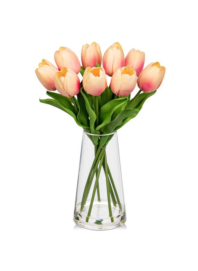 Arborus Fake Tulips Artificial Tulip Flowers in Glass Vase with Faux Water, 14.2" Real Touch Peach Tulip Flowers Spring Décor for Table Centerpiece Home Farmhouse Resto Wedding Decoration - Image 1