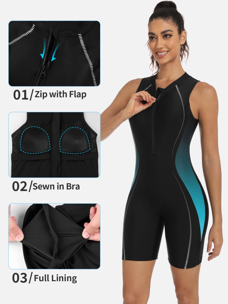 ATTRACO One Piece Swimsuit for Women Athletic Boyleg Swimwear Front Zipper Swimming Suit Green M - Image 4