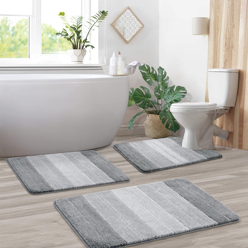 Kmson 3 Pcs Ombre Bathroom Rugs Set with UShaped Mat Non SlipQuick Drying Ultra Soft and Water Absorbent Bath Carpet for Bedroom Floor Living RoomMachine WashableGrey