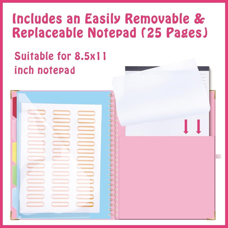 Hautoco Clipboard Folio with Refillable Notepad for Letter Size (11" x 8.5"), 5 Dividers with 10 Pockets, Elastic Pen Holder and File Folder Labels, Spiral Nurse Clipboard Artboard(Pink) - Image 4