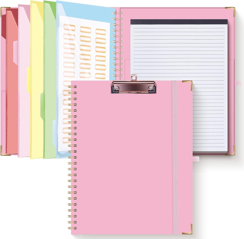 Hautoco Clipboard Folio with Refillable Notepad for Letter Size (11" x 8.5"), 5 Dividers with 10 Pockets, Elastic Pen Holder and File Folder Labels, Spiral Nurse Clipboard Artboard(Pink) - Image 1