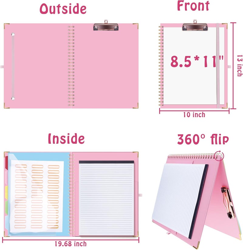 Hautoco Clipboard Folio with Refillable Notepad for Letter Size (11" x 8.5"), 5 Dividers with 10 Pockets, Elastic Pen Holder and File Folder Labels, Spiral Nurse Clipboard Artboard(Pink) - Image 2