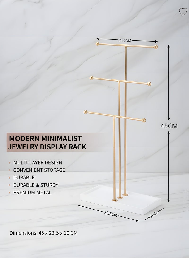 بيوينتي رف عرض ثلاثي الطبقات على شكل حرف T، رف مجوهرات طبقي، صندوق مجوهرات، مناسب للساعات والقلائد والمعصميات والخواتم والأقراط، رفوف تخزين المجوهرات، منظمو المجوهرات، صواني ذات قواعد (ذهبية). - Image 4
