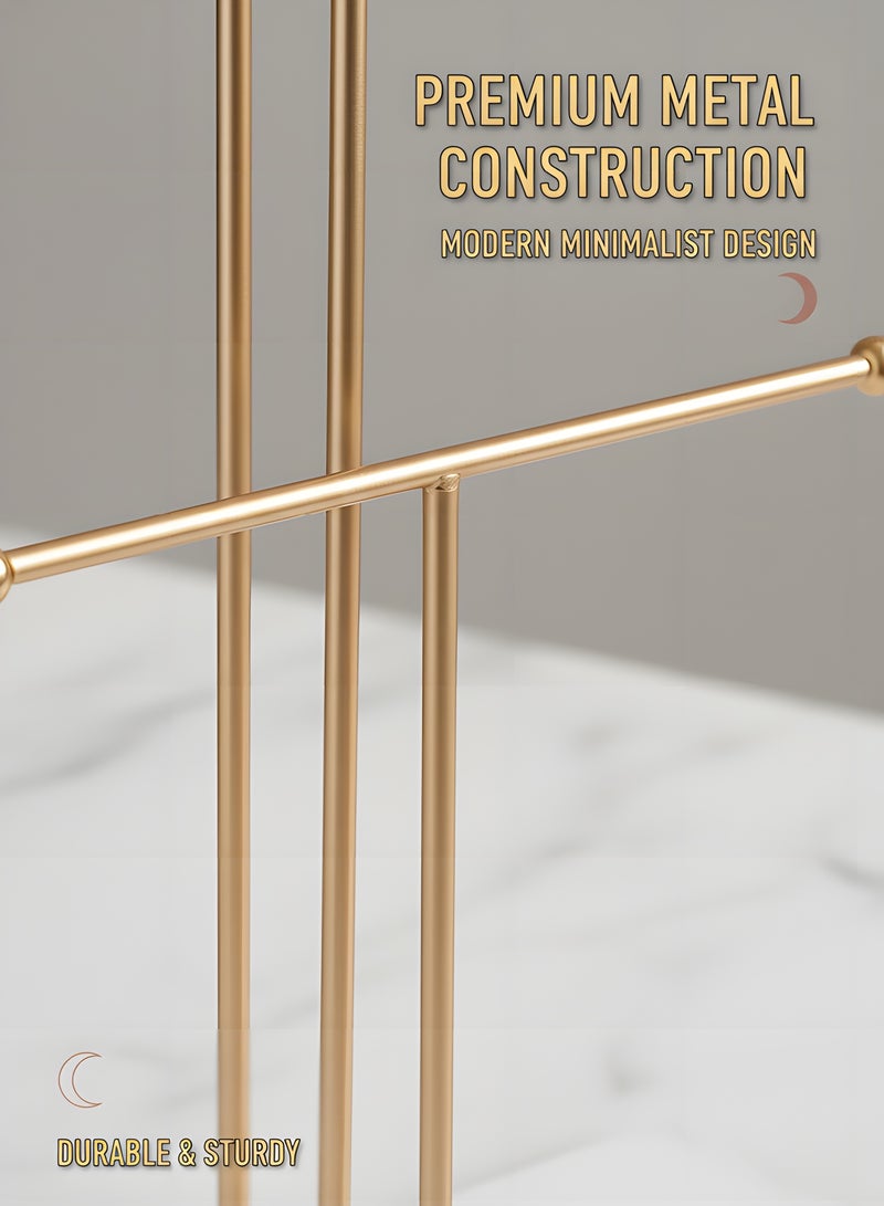 بيوينتي رف عرض ثلاثي الطبقات على شكل حرف T، رف مجوهرات طبقي، صندوق مجوهرات، مناسب للساعات والقلائد والمعصميات والخواتم والأقراط، رفوف تخزين المجوهرات، منظمو المجوهرات، صواني ذات قواعد (ذهبية). - Image 5