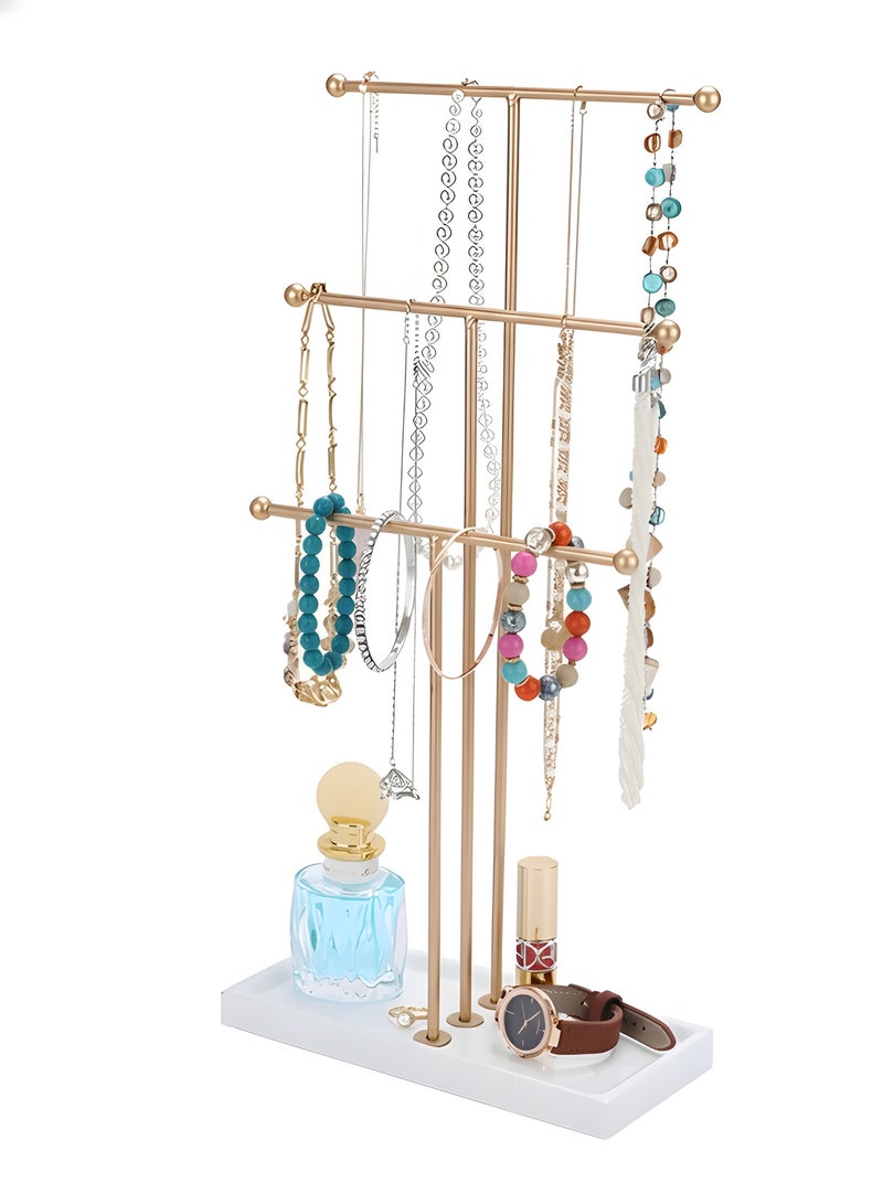 بيوينتي رف عرض ثلاثي الطبقات على شكل حرف T، رف مجوهرات طبقي، صندوق مجوهرات، مناسب للساعات والقلائد والمعصميات والخواتم والأقراط، رفوف تخزين المجوهرات، منظمو المجوهرات، صواني ذات قواعد (ذهبية). - Image 1