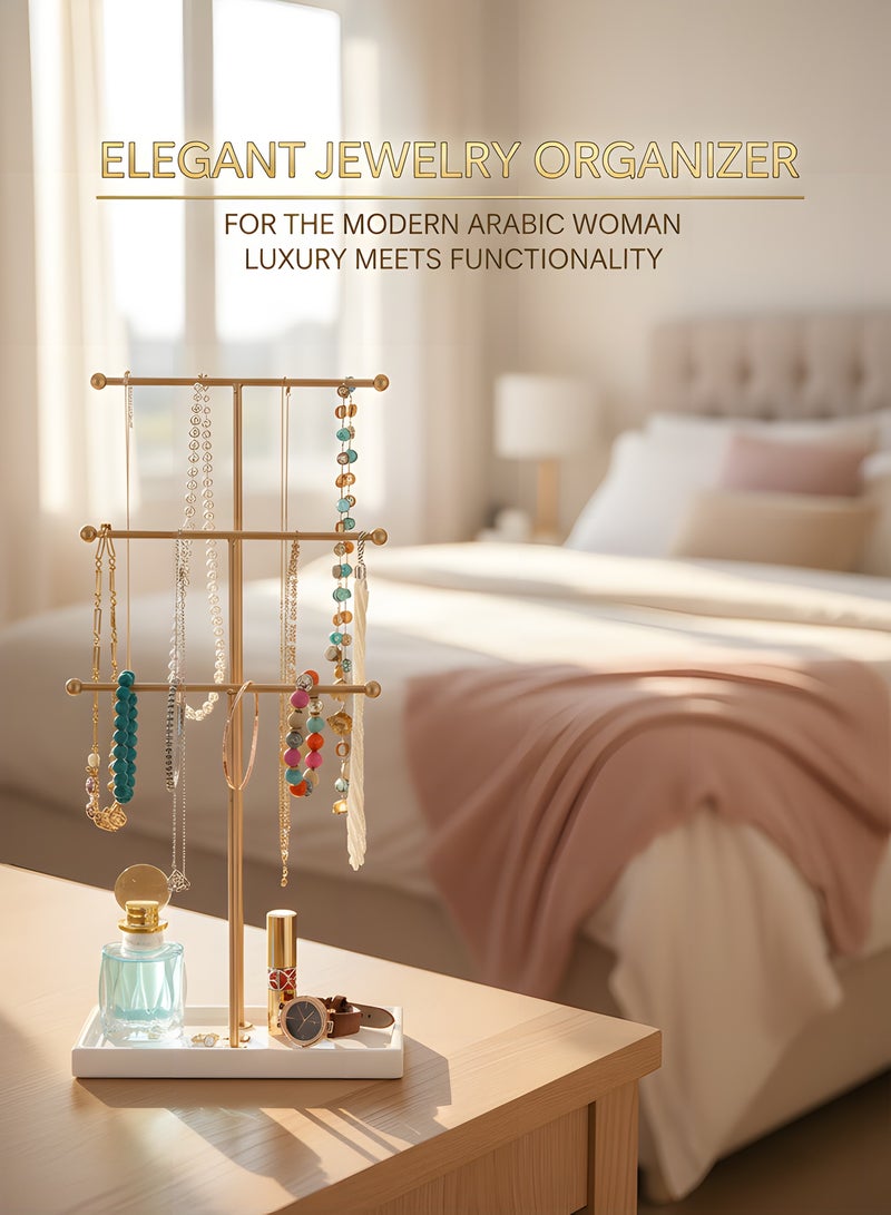 بيوينتي رف عرض ثلاثي الطبقات على شكل حرف T، رف مجوهرات طبقي، صندوق مجوهرات، مناسب للساعات والقلائد والمعصميات والخواتم والأقراط، رفوف تخزين المجوهرات، منظمو المجوهرات، صواني ذات قواعد (ذهبية). - Image 3