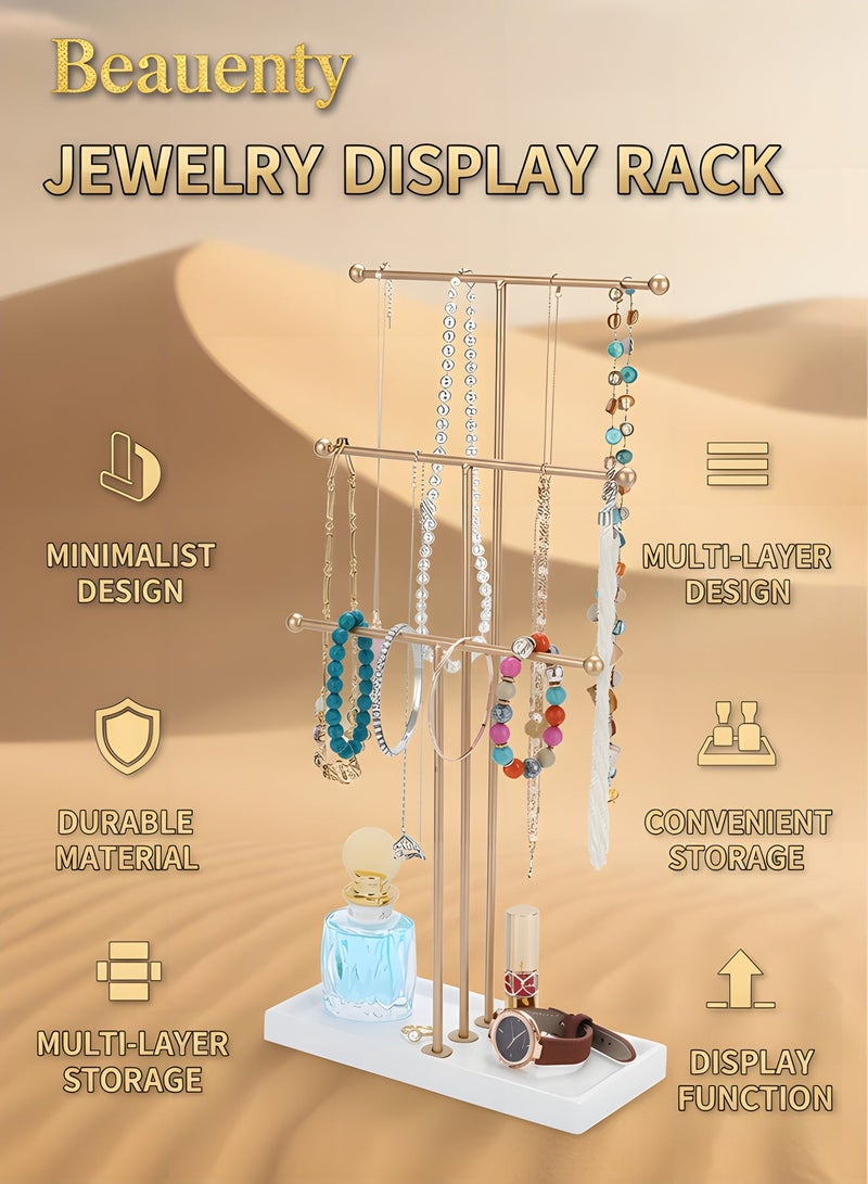 بيوينتي رف عرض ثلاثي الطبقات على شكل حرف T، رف مجوهرات طبقي، صندوق مجوهرات، مناسب للساعات والقلائد والمعصميات والخواتم والأقراط، رفوف تخزين المجوهرات، منظمو المجوهرات، صواني ذات قواعد (ذهبية). - Image 2