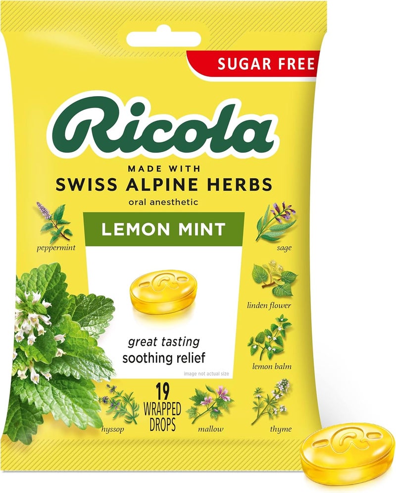 Ricola Ricola Sugar Free Lemon Mint Herbal Cough Suppressant Throat Drops, 19ct Bag