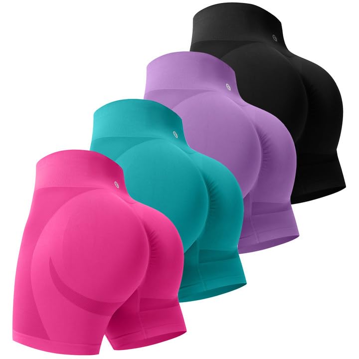 Evercute Women's Gym Shorts 3/4 Pack Seamless Scrunch Butt Lifting Workout Shorts Tummy Control Ruched Booty Smile Yoga Short - Image 1