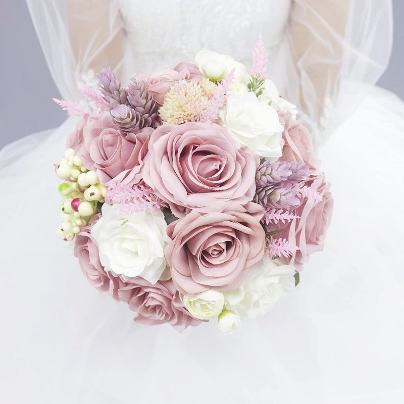 Abbie Home Abbie Home Bridal Wedding Bouquet  9 inches Dusty Pink White Roses Real Touch Wedding Flower with Vintage Burlap Handle and Succulents Berries Decor Bouquet 