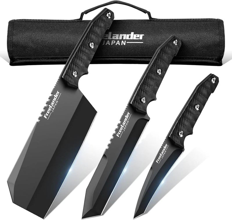 Freelander 3PCS Butcher Knife Set for Meat Cutting, Sharp Chef Knife Set Dishwasher Safe with Roll Bag, Full Tang BBQ Knifes with Leather Sheath, Christmas Gifts for Men Women - Image 1