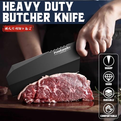Freelander 3PCS Butcher Knife Set for Meat Cutting, Sharp Chef Knife Set Dishwasher Safe with Roll Bag, Full Tang BBQ Knifes with Leather Sheath, Christmas Gifts for Men Women - Image 3