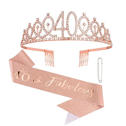 Semato 40th Birthday Decorations for Women: Rose Gold Tiara & Sash - Happy 40th Birthday Gifts Women - Image 1