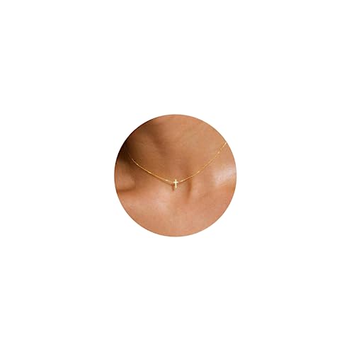 Tewiky Dainty Cross Necklace for Women, 14K Gold Plated Simple Cross Choker Necklaces Small Cross Pendant Tiny Cute Necklaces Handmade Aesthetic Gold Jewelry for Women - Image 1
