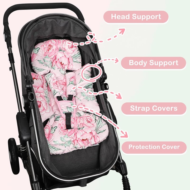 DILIMI Infant Car Seat Insert Baby Car Seat Head Support with 3 Strap Paddings Soft Newborn Car Seat Cushion for Stroller Swing Bouncers Pink Flower - Image 5