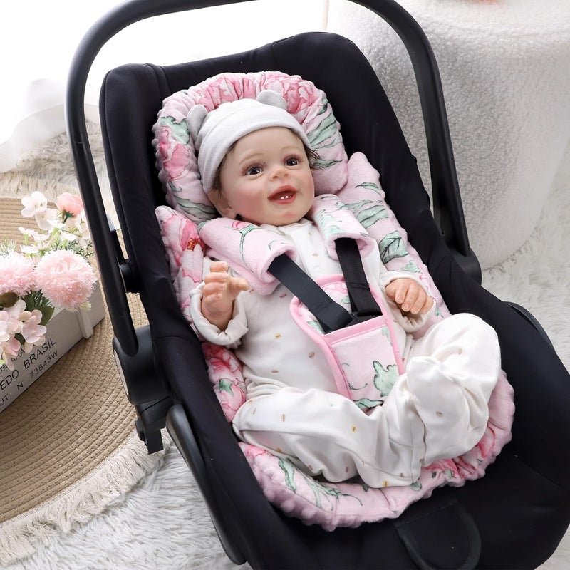 DILIMI Infant Car Seat Insert Baby Car Seat Head Support with 3 Strap Paddings Soft Newborn Car Seat Cushion for Stroller Swing Bouncers Pink Flower - Image 2