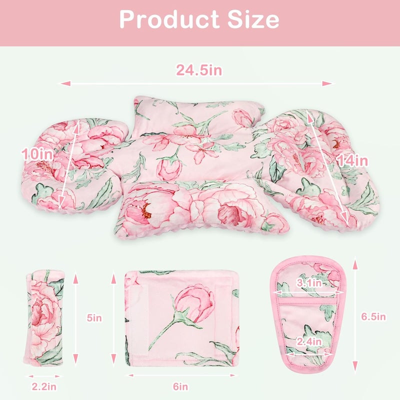 DILIMI Infant Car Seat Insert Baby Car Seat Head Support with 3 Strap Paddings Soft Newborn Car Seat Cushion for Stroller Swing Bouncers Pink Flower - Image 3