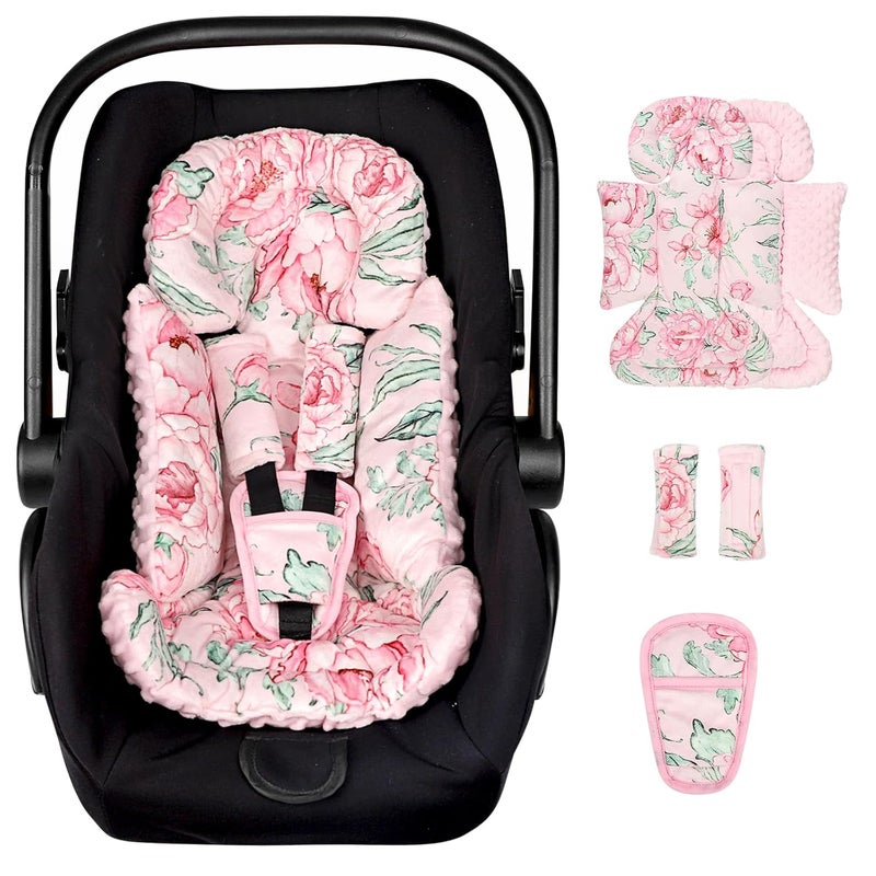 DILIMI Infant Car Seat Insert Baby Car Seat Head Support with 3 Strap Paddings Soft Newborn Car Seat Cushion for Stroller Swing Bouncers Pink Flower - Image 1