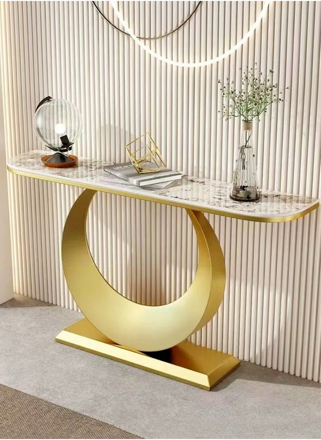 fashionhome - Modern Design Rustproof Rock Slab Console Table White Sintered Stone Entryway Table Display Table Geometric Line Pedestal for Foyer Living Room Home Offices 100x30x80 cm - Image 1