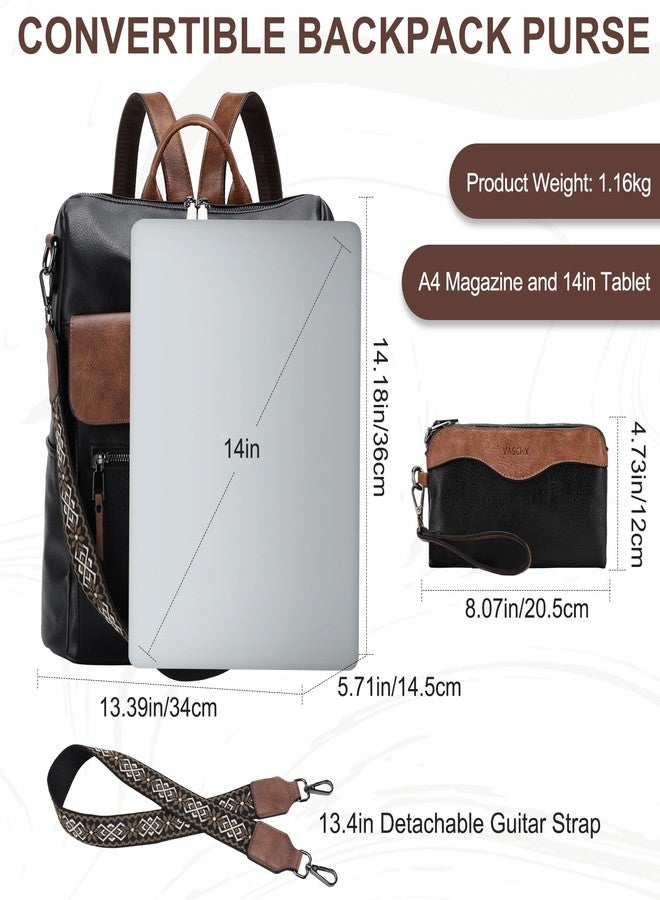 VASCHY Backpack Purse for Women, Large Vegan Leather Backpack Purse with Wallet Pouch Set Convertible Handbag for Ladies Guitar Strap Black and Brown - Image 2