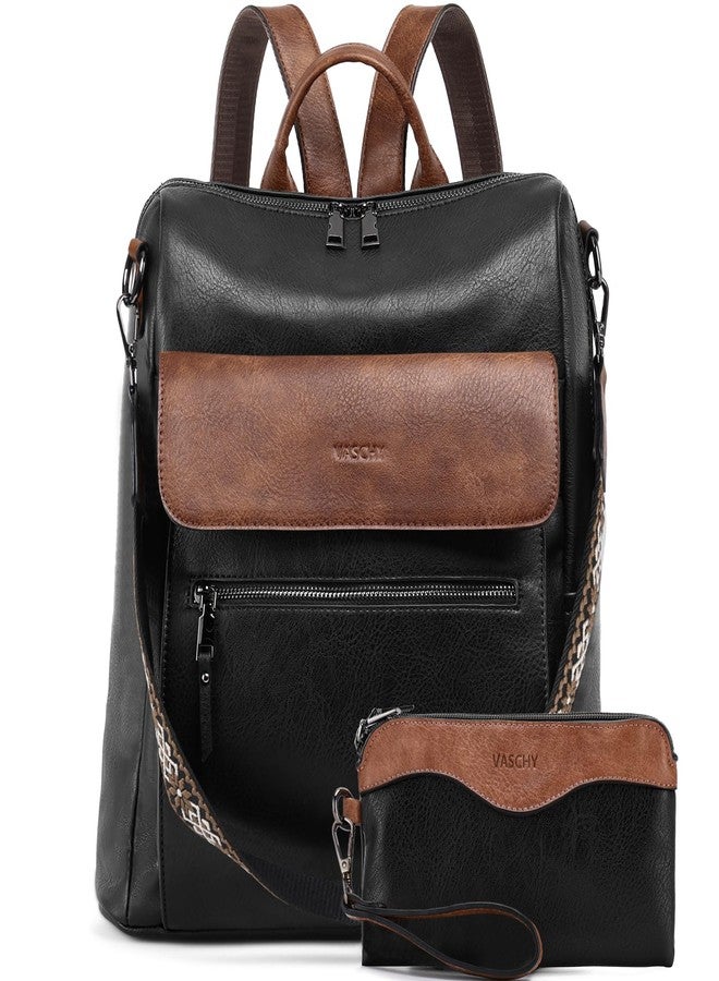 VASCHY Backpack Purse for Women, Large Vegan Leather Backpack Purse with Wallet Pouch Set Convertible Handbag for Ladies Guitar Strap Black and Brown - Image 1