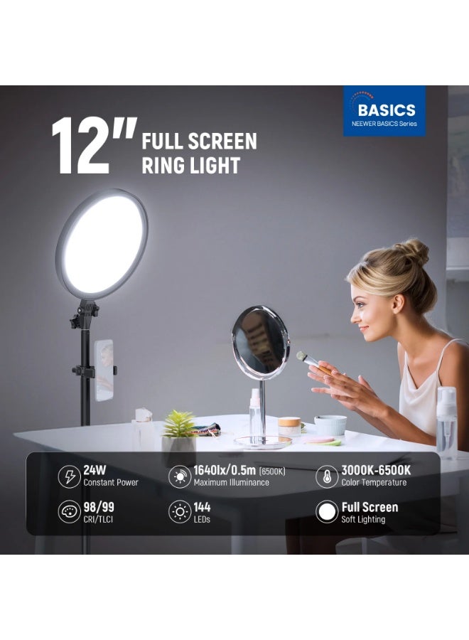 Neewer LED Ring Light 24W NEEWER BASICS – 144 LEDs Edge-Lit 12″ (30cm), 3000–6500K, 1–100% Dim, Telescopic Stand 86.5–173.5cm, Phone Holder & Remote for Streaming · Vlog · Makeup - Image 2