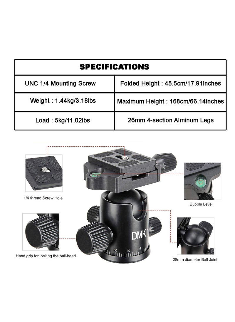 DMK Power - T264 Tripod 67inch 170cm 2 in 1 Tripod and Monopod Lightweight Portable Tripod for SLR DSLR Cameras with Tripod bag and Mobile holder Load up to 5Kg - Image 1