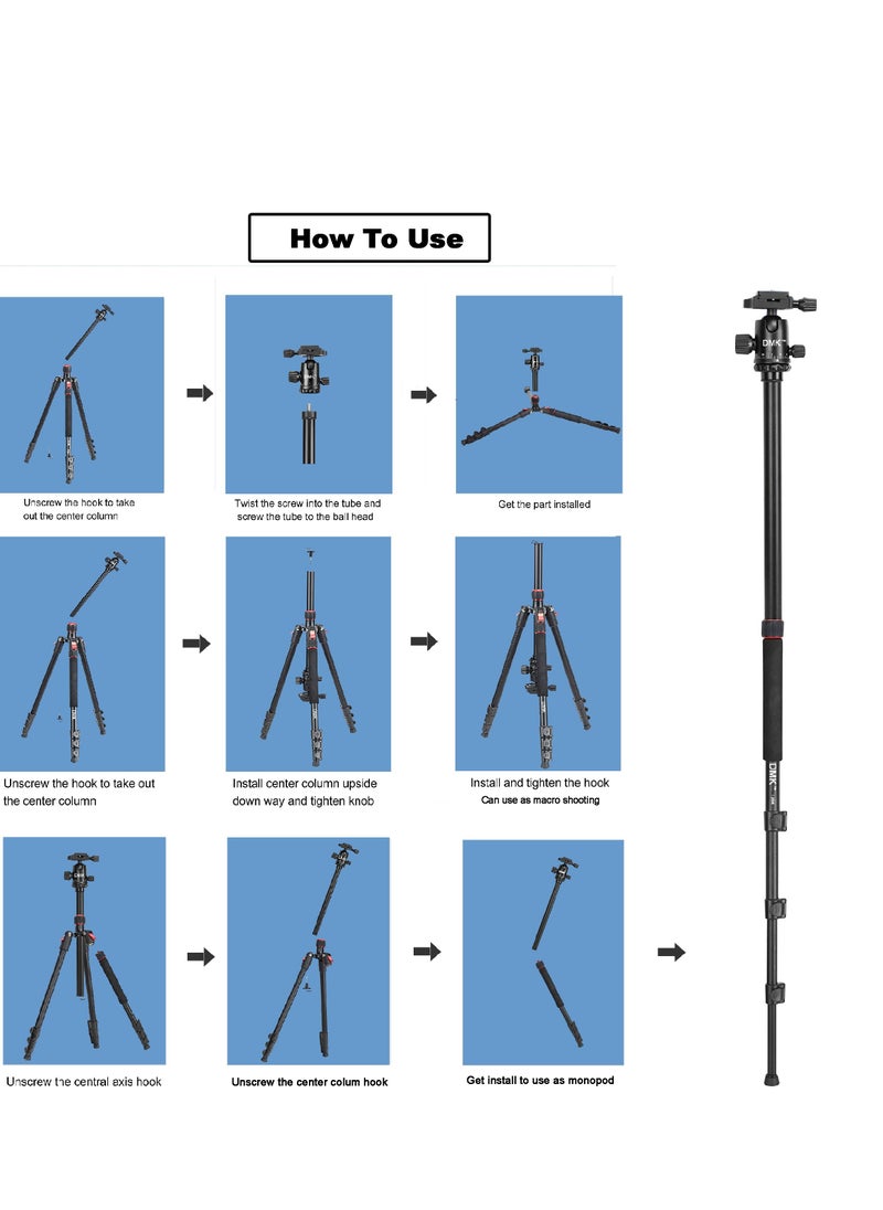 DMK Power - T264 Tripod 67inch 170cm 2 in 1 Tripod and Monopod Lightweight Portable Tripod for SLR DSLR Cameras with Tripod bag and Mobile holder Load up to 5Kg - Image 1