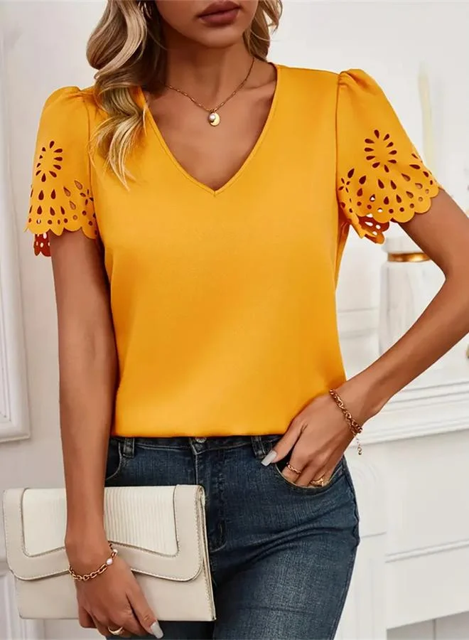 Take Two Solid Cut Out Detail V-Neck Top