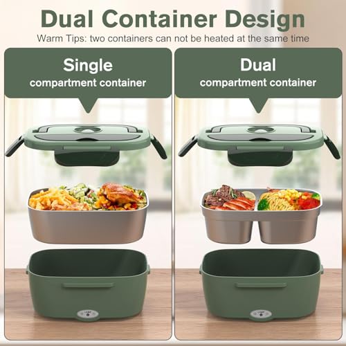 Vabaso Electric Lunch Box for Adults, 80W Heated Lunch Box with Dual 1.5L Stainless Steel Containers, Portable Food Warmer for Men Work Car Truck, 12V/24V/110V/220V - Image 2