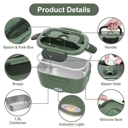 Vabaso Electric Lunch Box for Adults, 80W Heated Lunch Box with Dual 1.5L Stainless Steel Containers, Portable Food Warmer for Men Work Car Truck, 12V/24V/110V/220V - Image 5