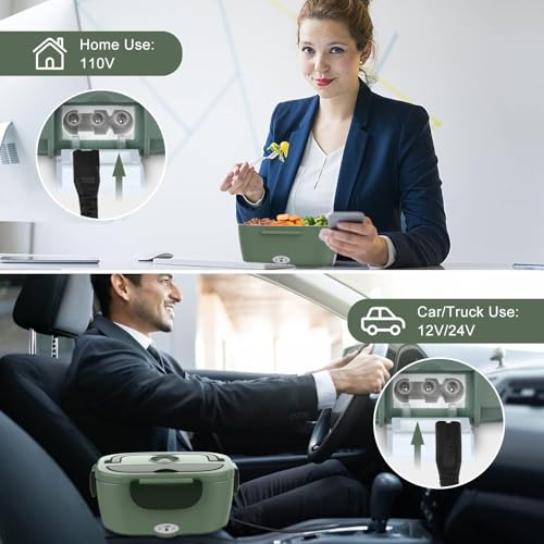 Vabaso Electric Lunch Box for Adults, 80W Heated Lunch Box with Dual 1.5L Stainless Steel Containers, Portable Food Warmer for Men Work Car Truck, 12V/24V/110V/220V - Image 3